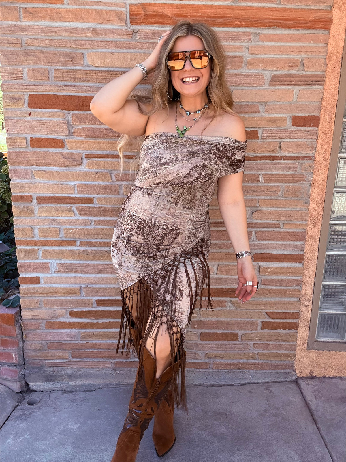 Off shoulder aztec inspired mesh print dress with fringe