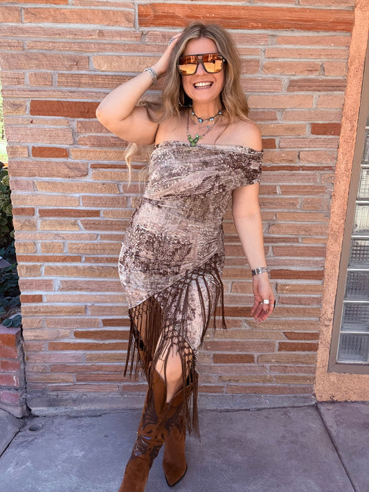 Off shoulder aztec inspired mesh print dress with fringe