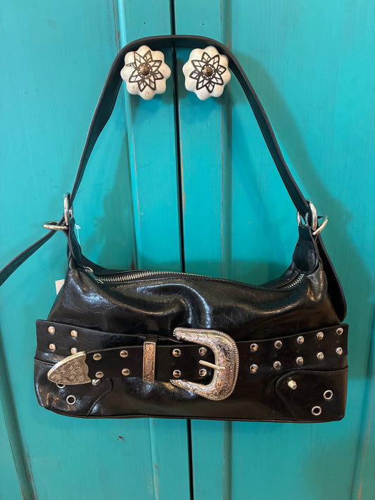 Studded Western Buckle Vegan Leather Shoulder Bag - Black