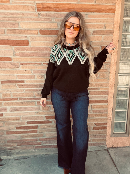 Midnight Diamond Sweater with black and turquoise