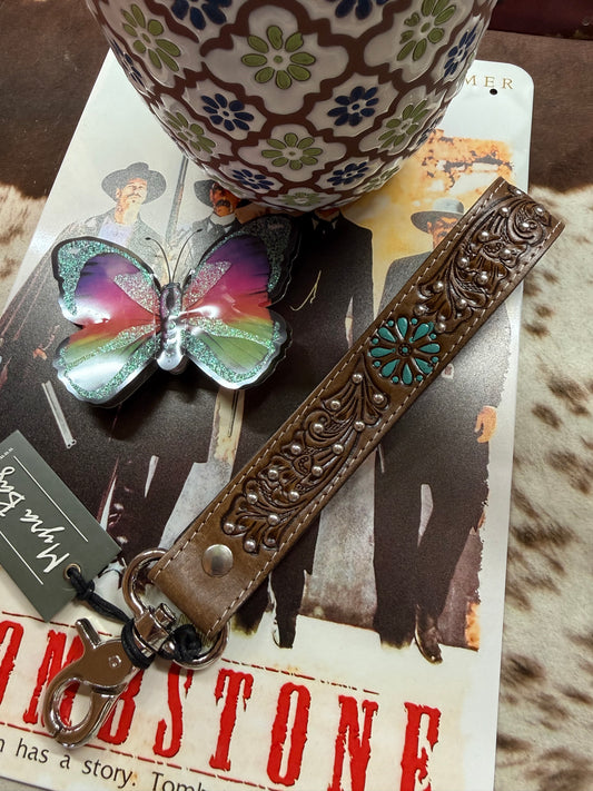 Desert Daisy Handtooled Leather Keyfob in Cactus Umber