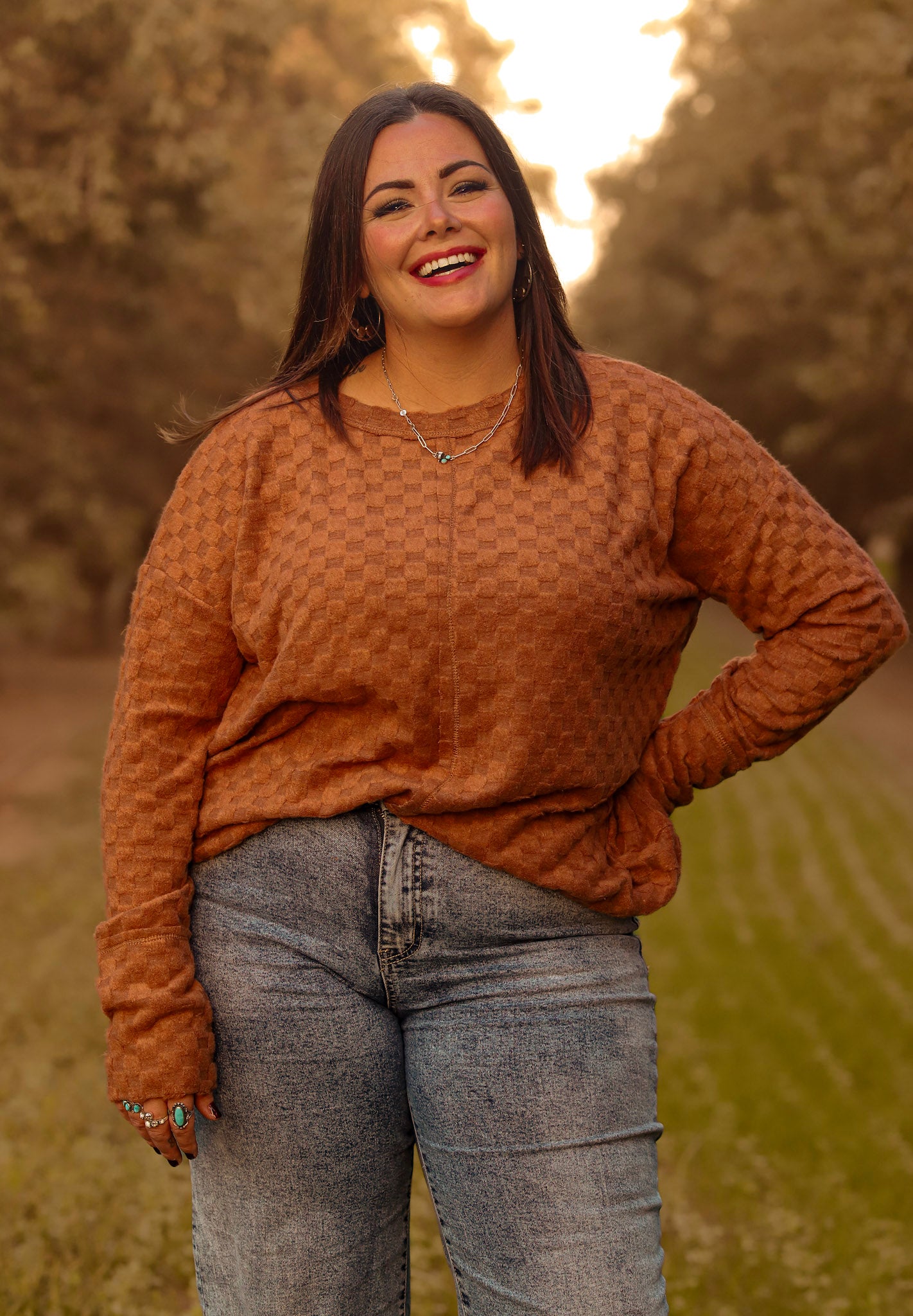 Soft Camel Checker Long Sleeve Top