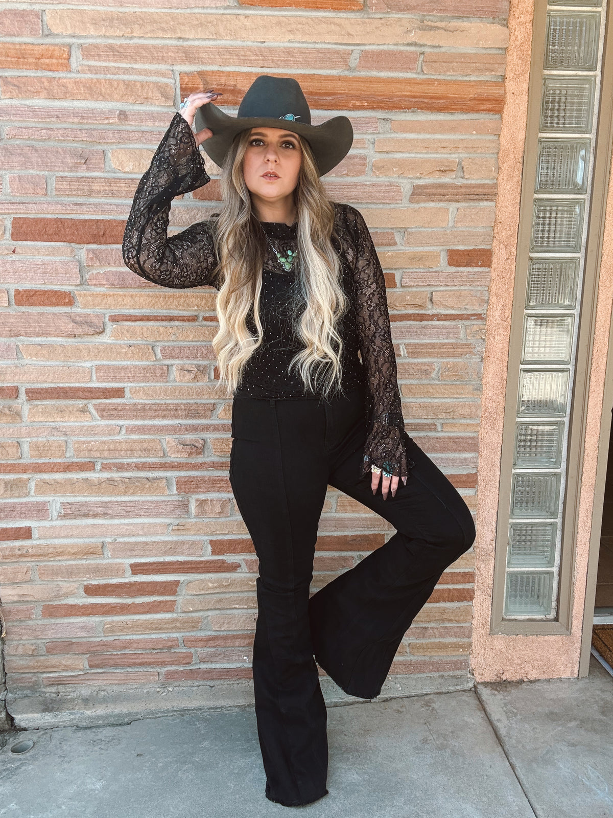 Black Western Inspired, Back Suede Star Flare Jeans