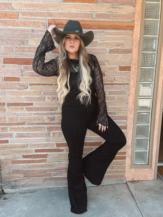 Black Western Inspired, Back Suede Star Flare Jeans