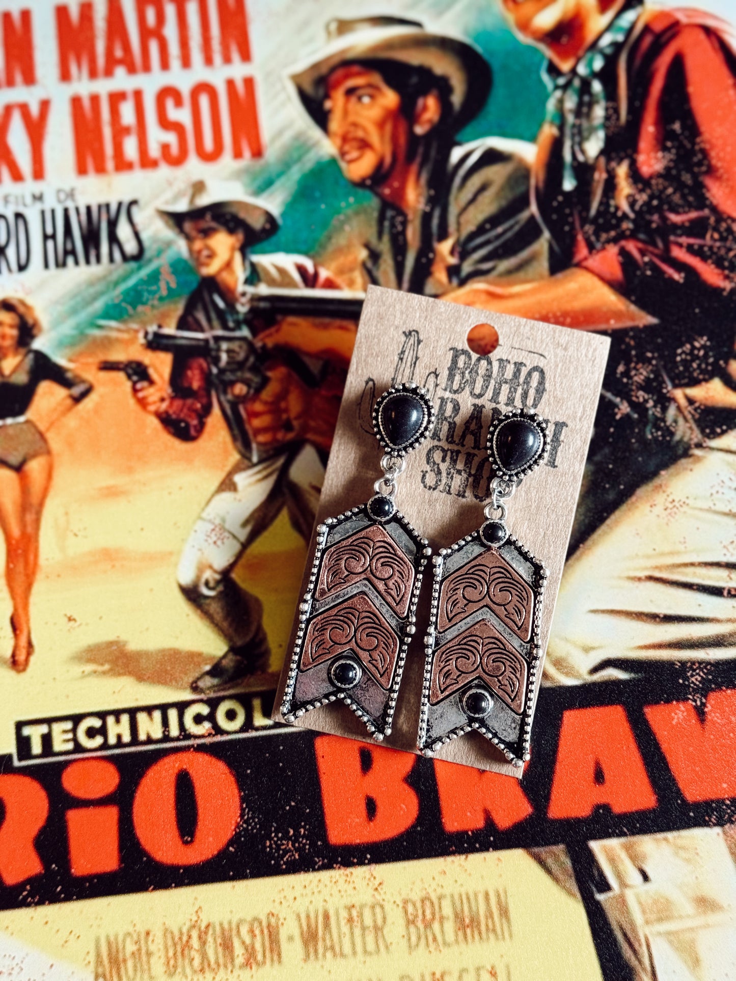 Chevron with Black Stone Dangle Earrings