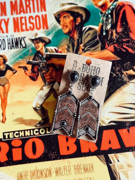 Chevron with Black Stone Dangle Earrings