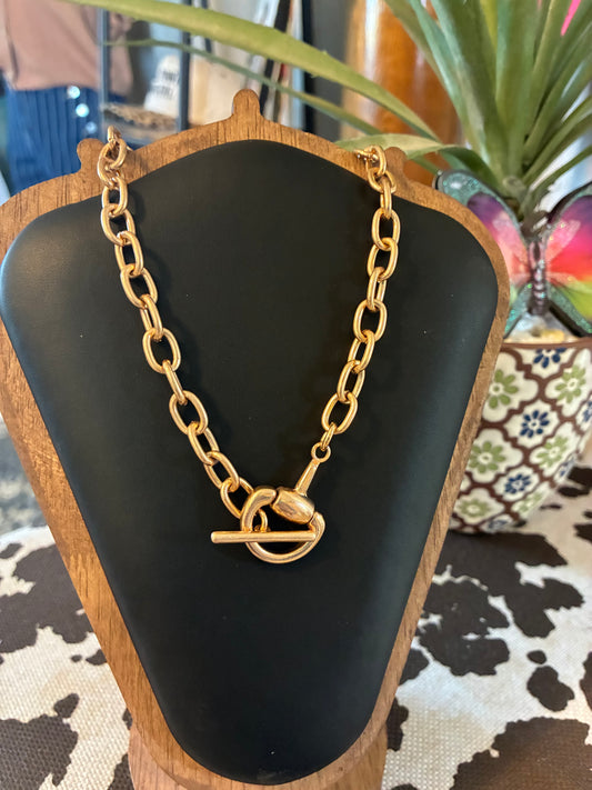 Toggle Bar Equestrian Horse Bit Chain Statement Necklace - Gold