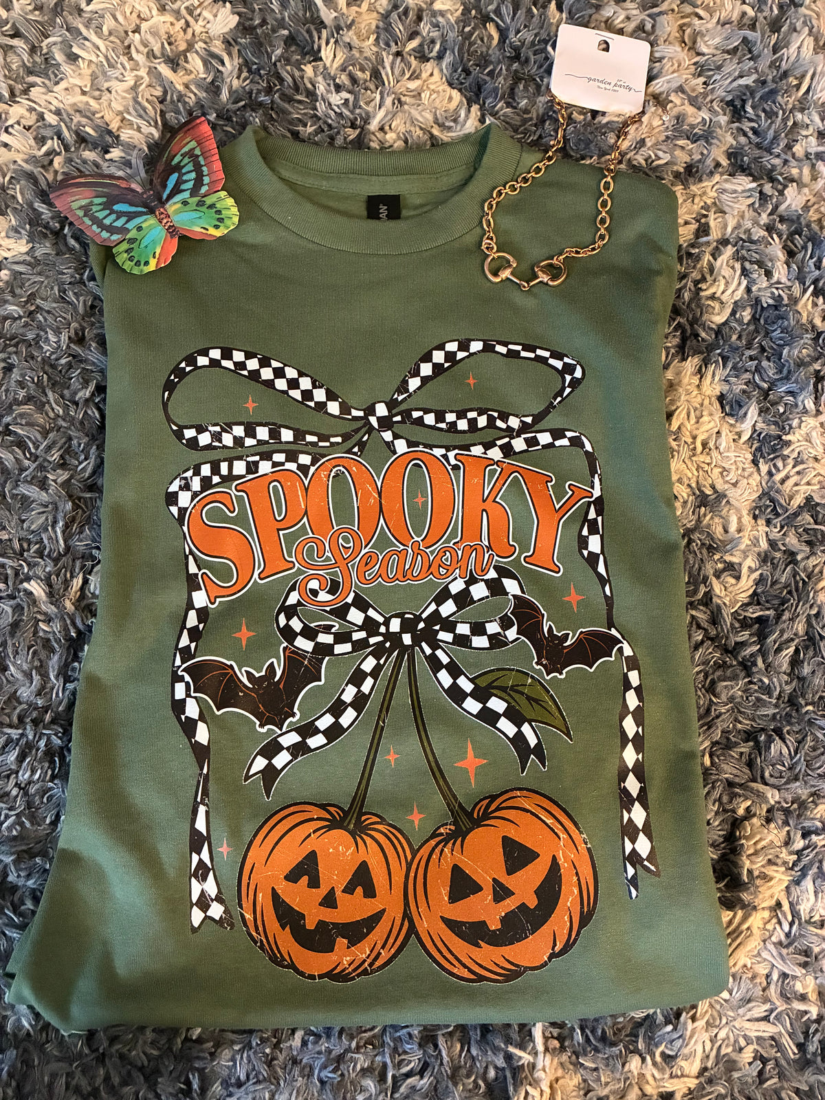 Military Green Pumpkin Cherries Graphic Heavy Cotton Tee