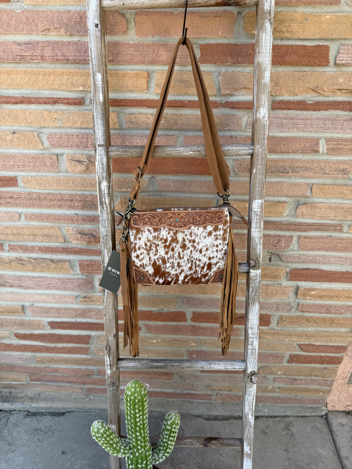 Bourbon Trail Handtooled Bag For Women in Brown with Hairon and Fringe Detail