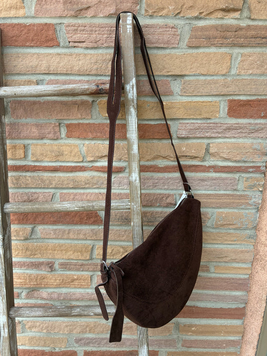 Suede Crescent Panel Shoulder Bag - Dark Brown