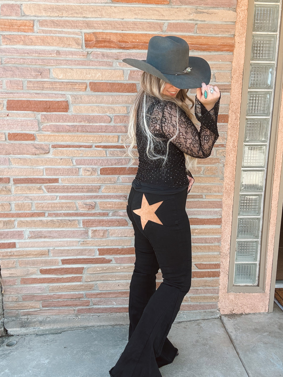 Black Western Inspired, Back Suede Star Flare Jeans
