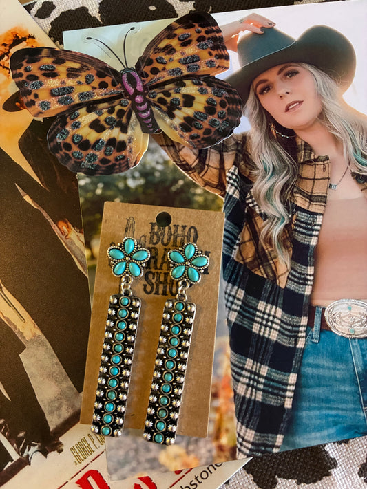 Turquoise Stone Flower & Bar Post Drop Earrings