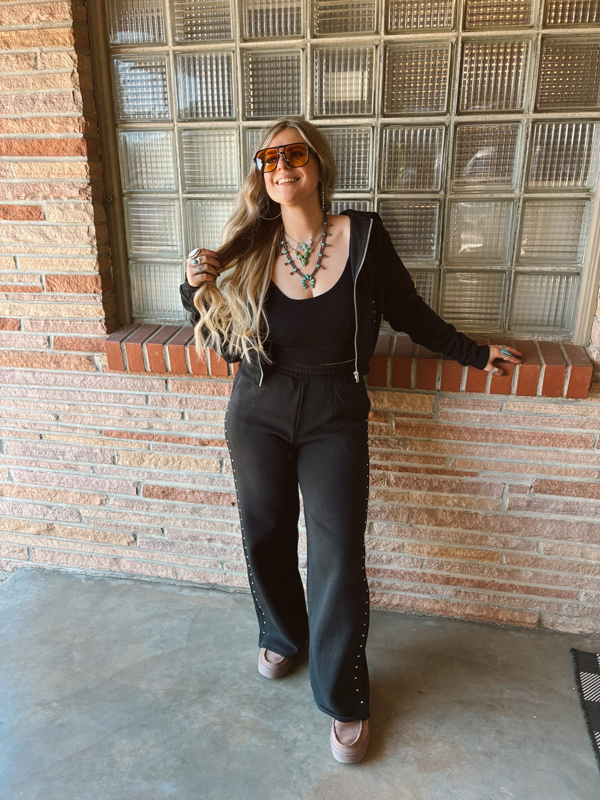 Black Pocket Stud Point Hoodie & Pants Inner Fleece Terry Set