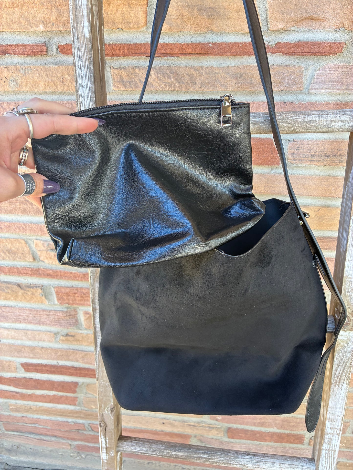 Black Microsuede Bucket Tote Bag