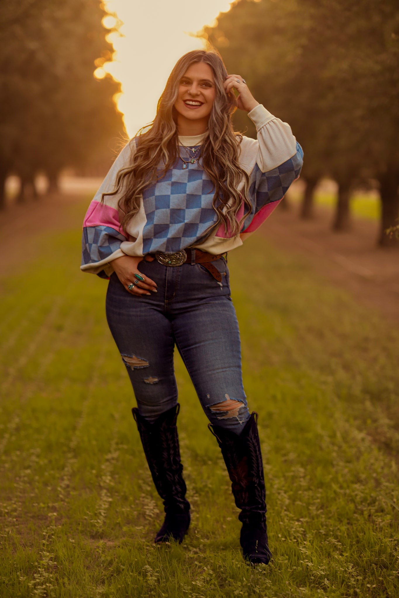 Patchwork Checkered Demin Patch Sweatshirt