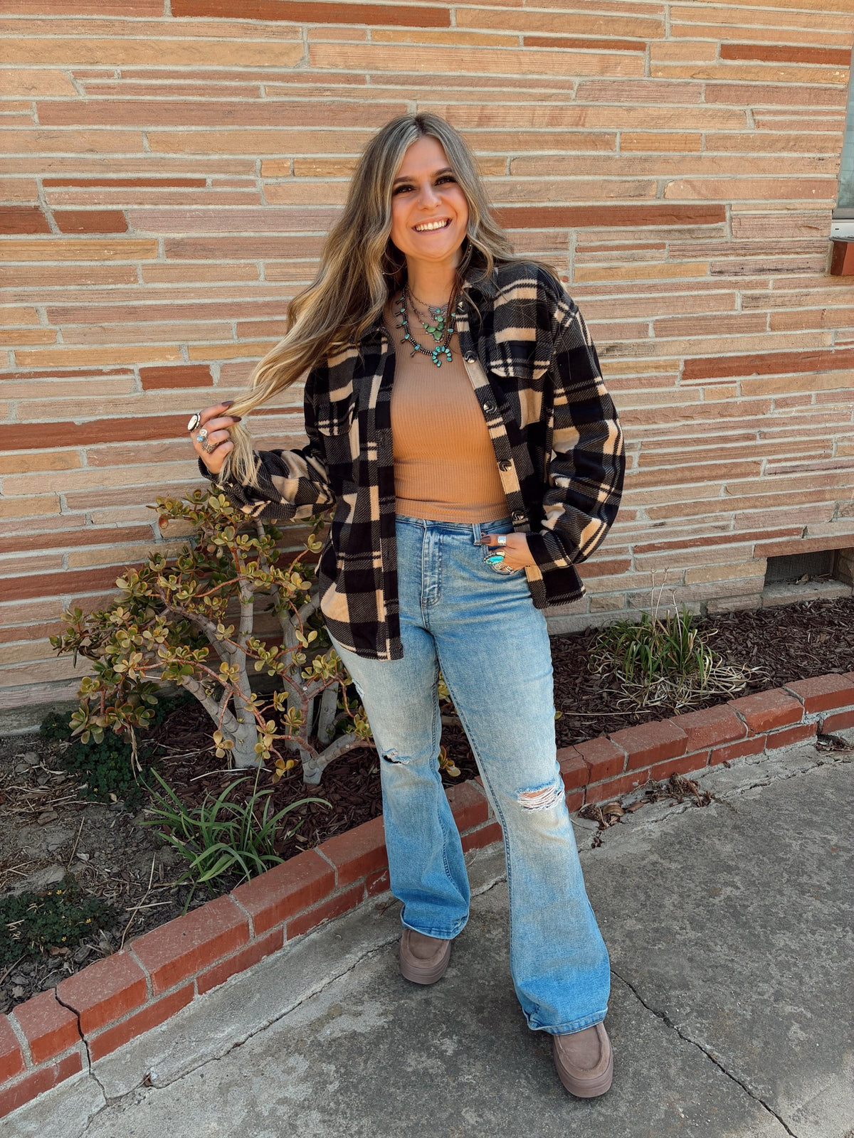 Taupe & Black Long Sleeve Check Printed Fleece Shacket