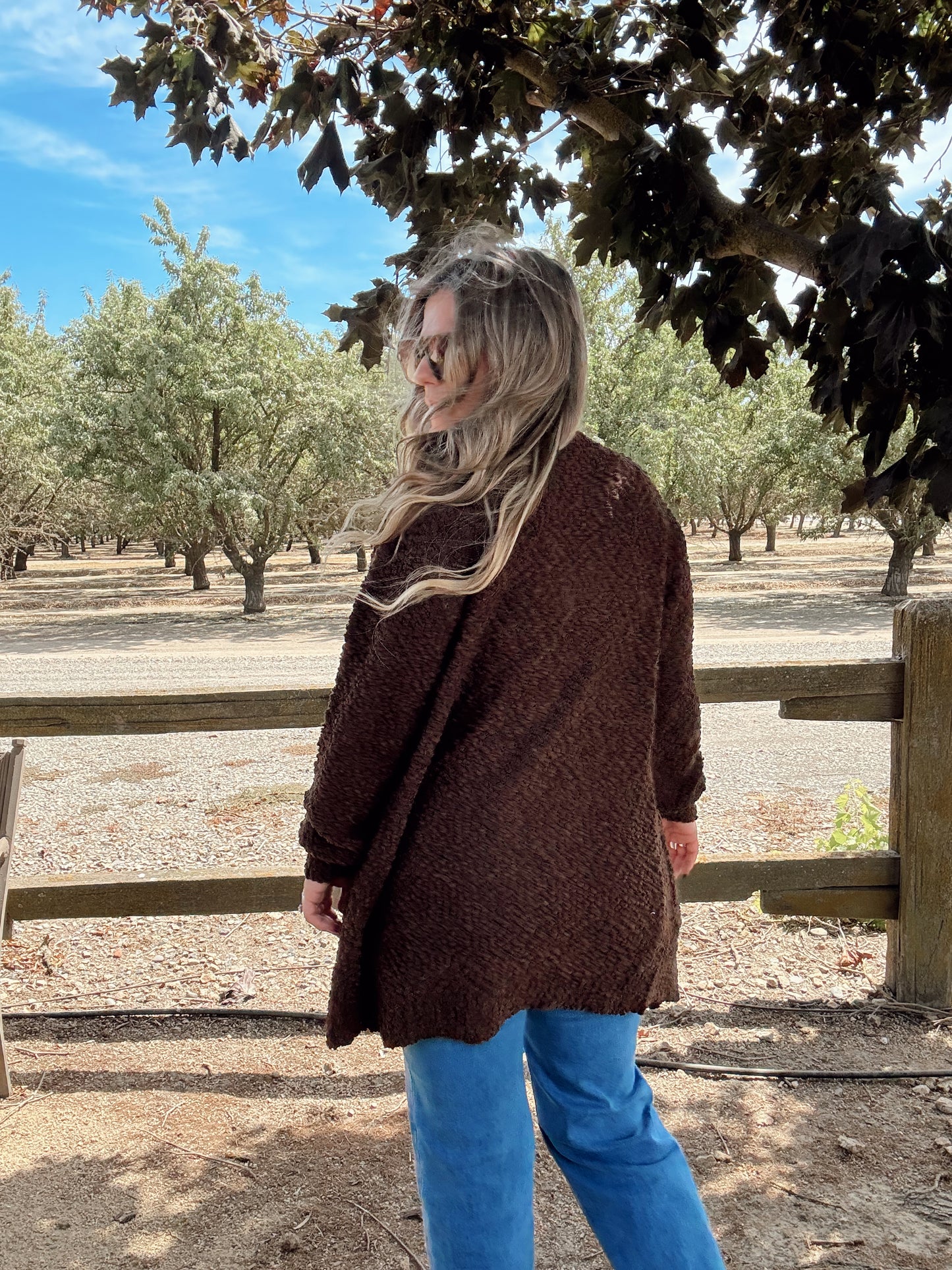 Chocolate Brown Long Sleeve Popcorn Sweater Cardigan with Pockets