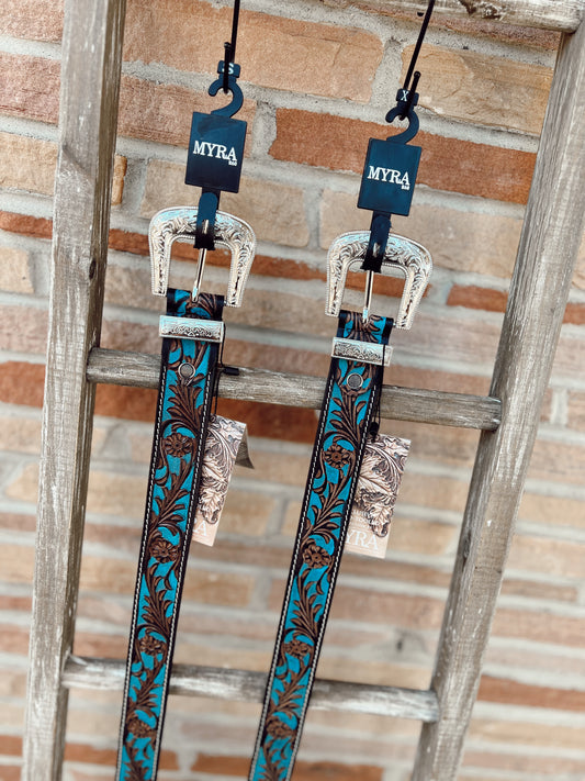 Turquoise hand-tooled leather belt