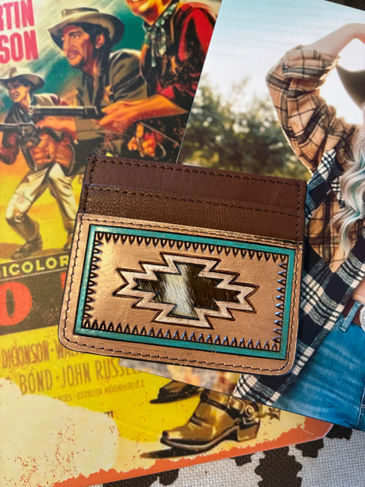 Western Tooled Aztec Cut Genuine Leather Card Holder - brown