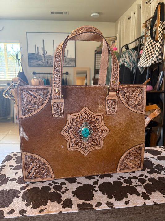 Desert Jewel Handtooled Hairon Leather Concealed Carry Bag in Timber Brown