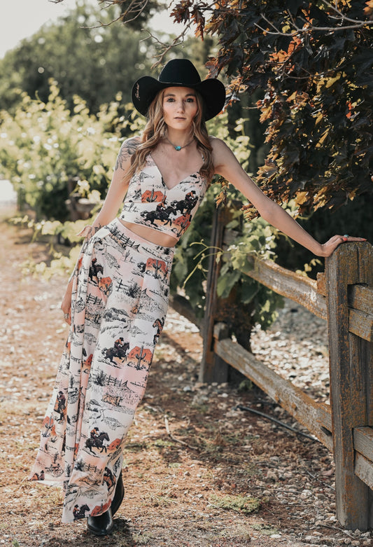 Vintage Western Horse Print Pants and Top Set