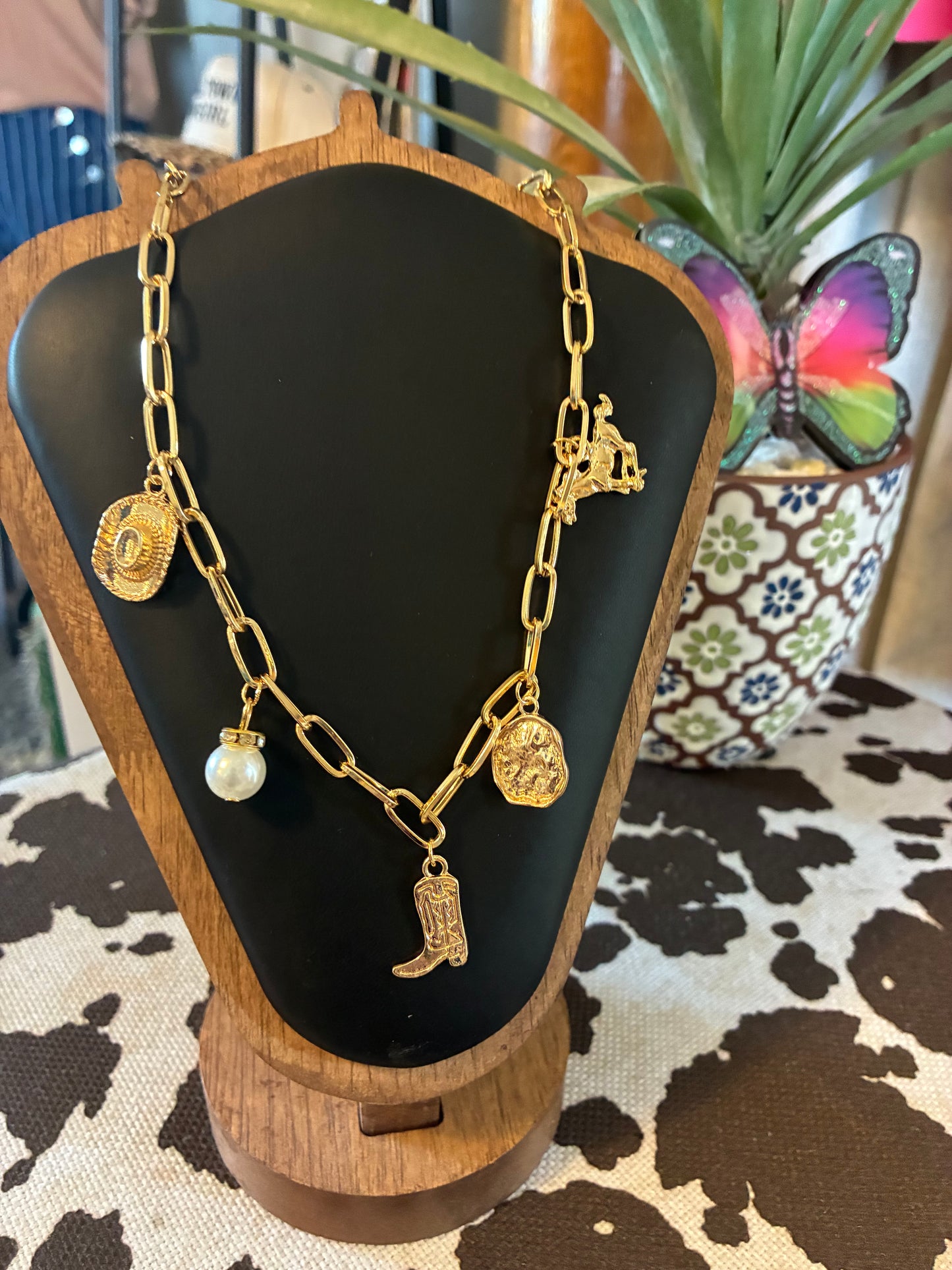 Gold western charm necklace