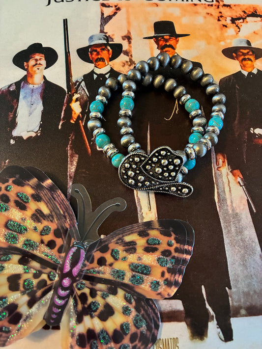 Cowboy hat Faux Studded Pendant Navajo Pearl Stretch Bracelet
