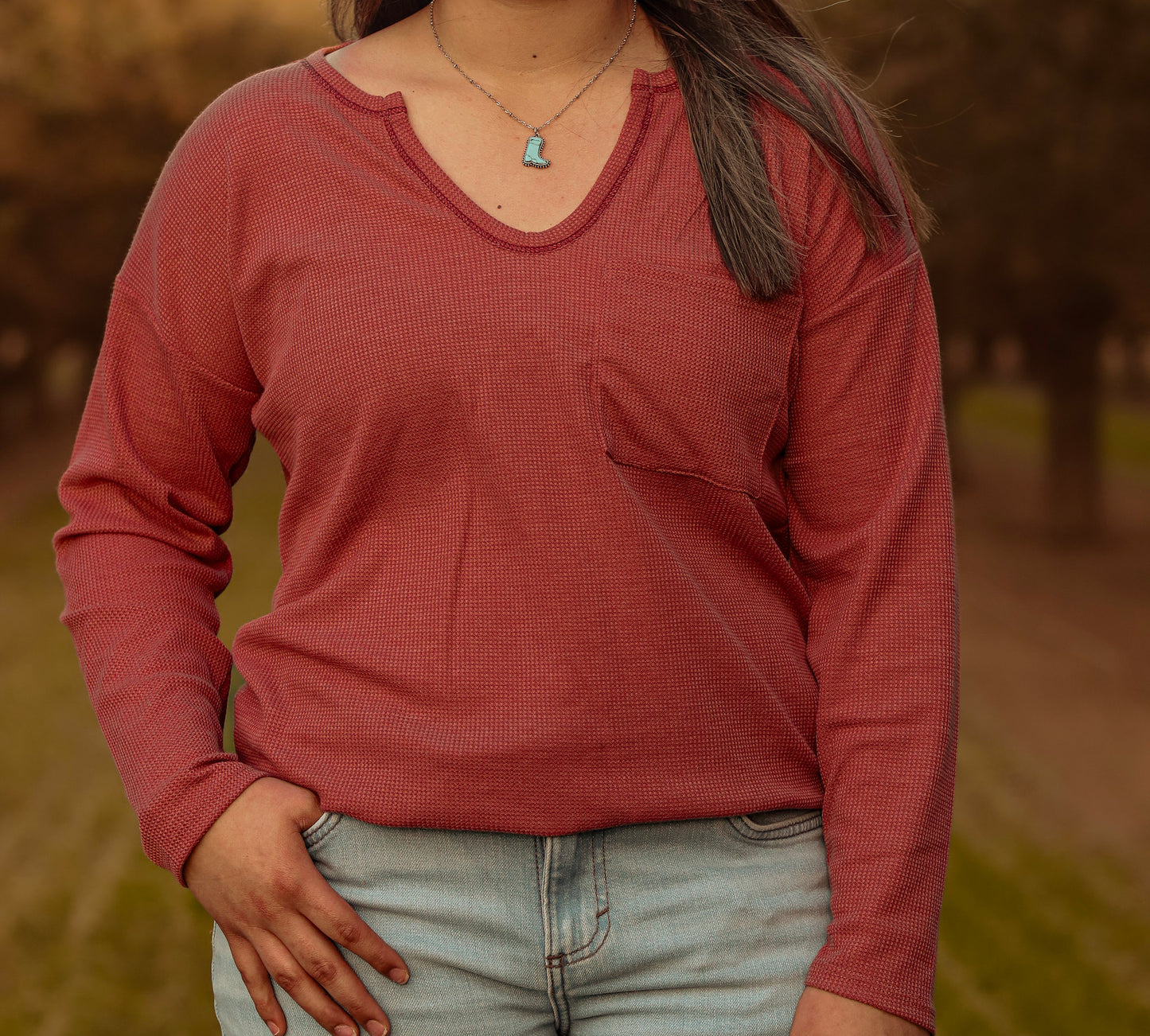 Marsala Thermal Round V Neck Long Sleeve