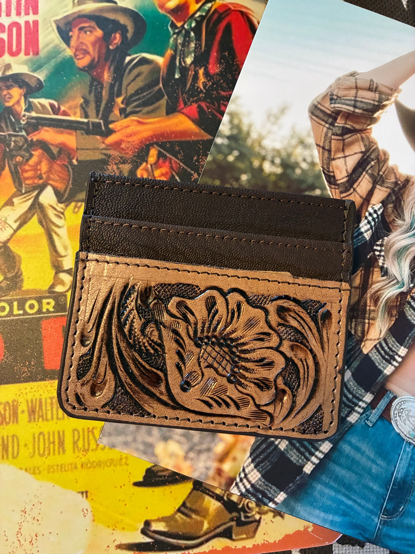 Western Genuine Tooled Leather Card Holder - Brown