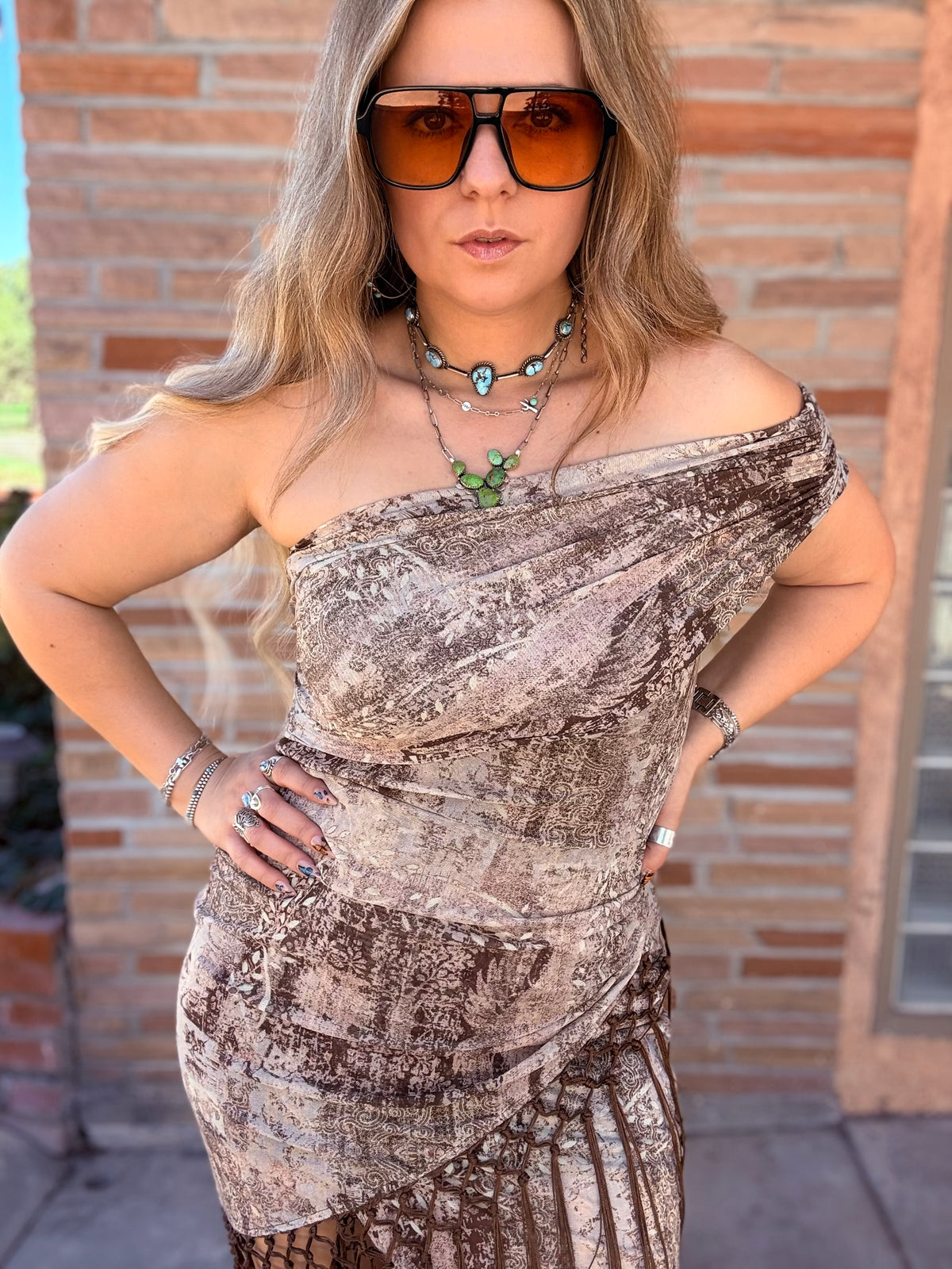 Off shoulder aztec inspired mesh print dress with fringe