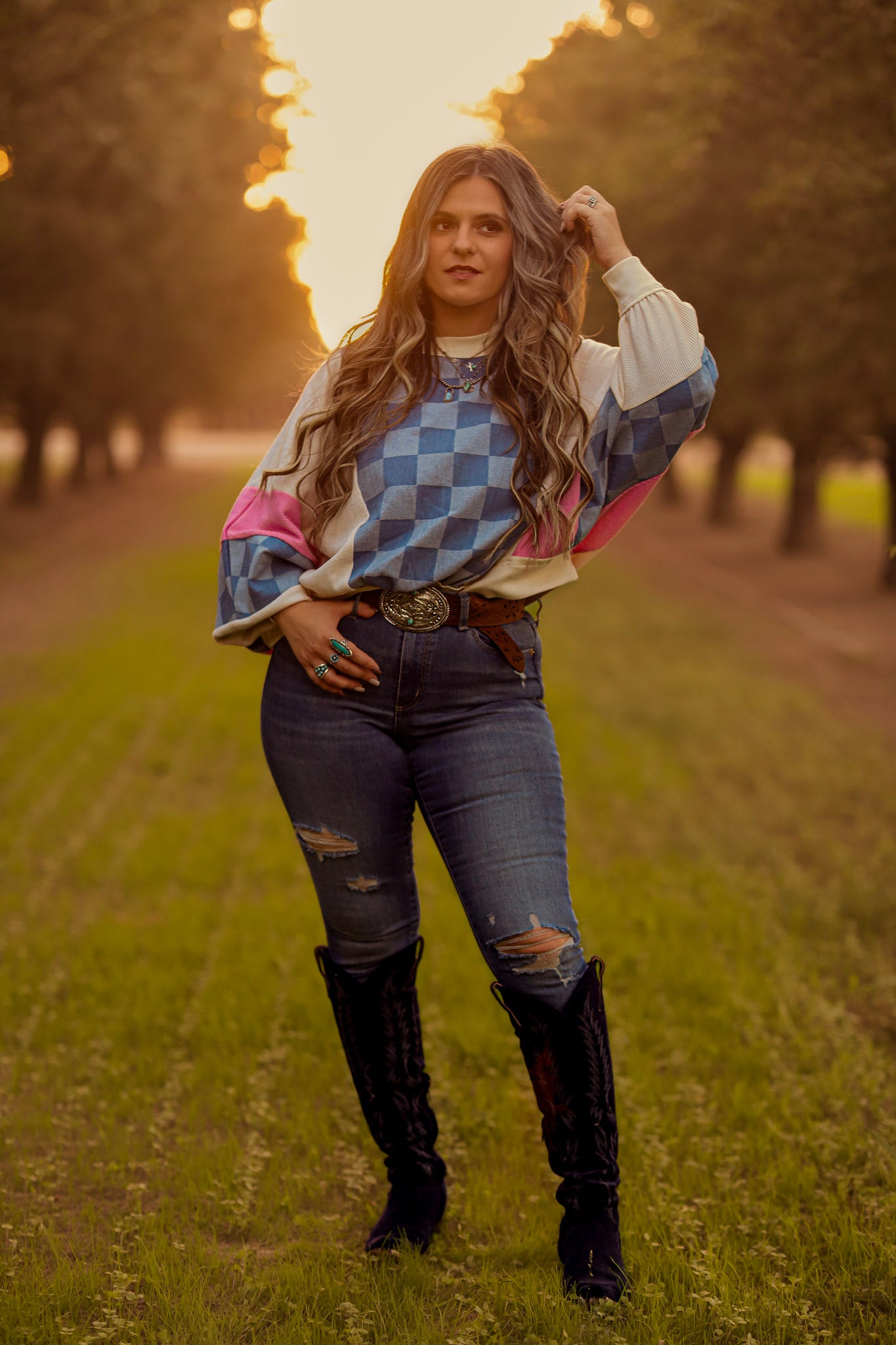 Patchwork Checkered Demin Patch Sweatshirt