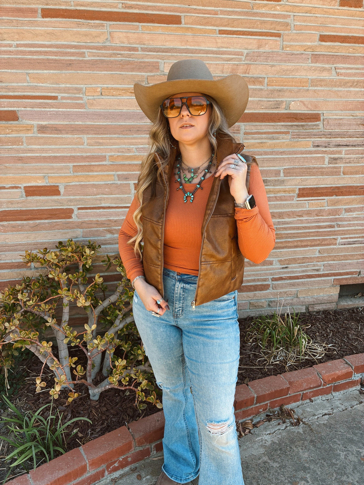 Wash Effect Brown Faux Leather Vest