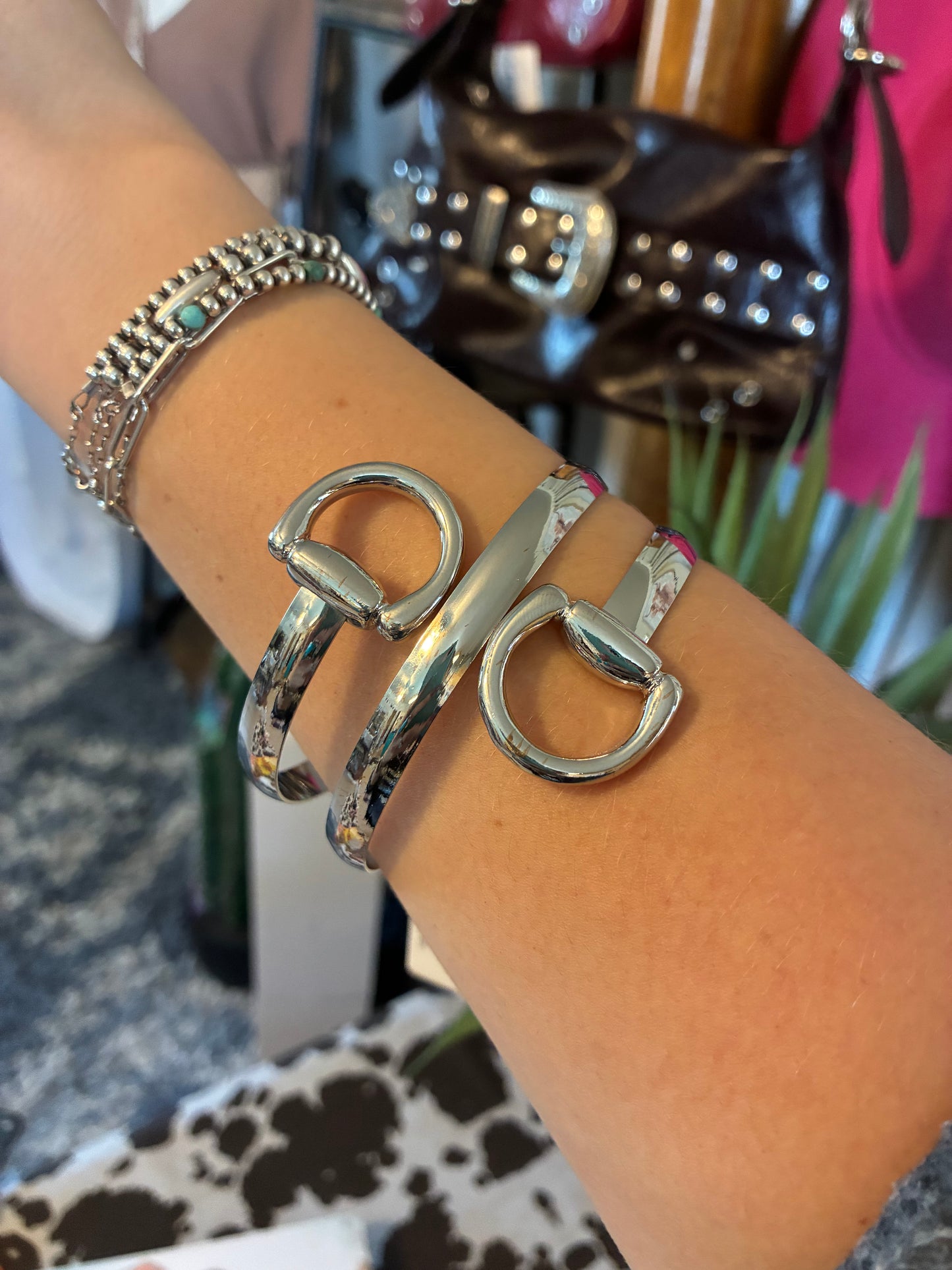 Double Equestrian Horse Bit Ring Bangle Bracelet - Silver