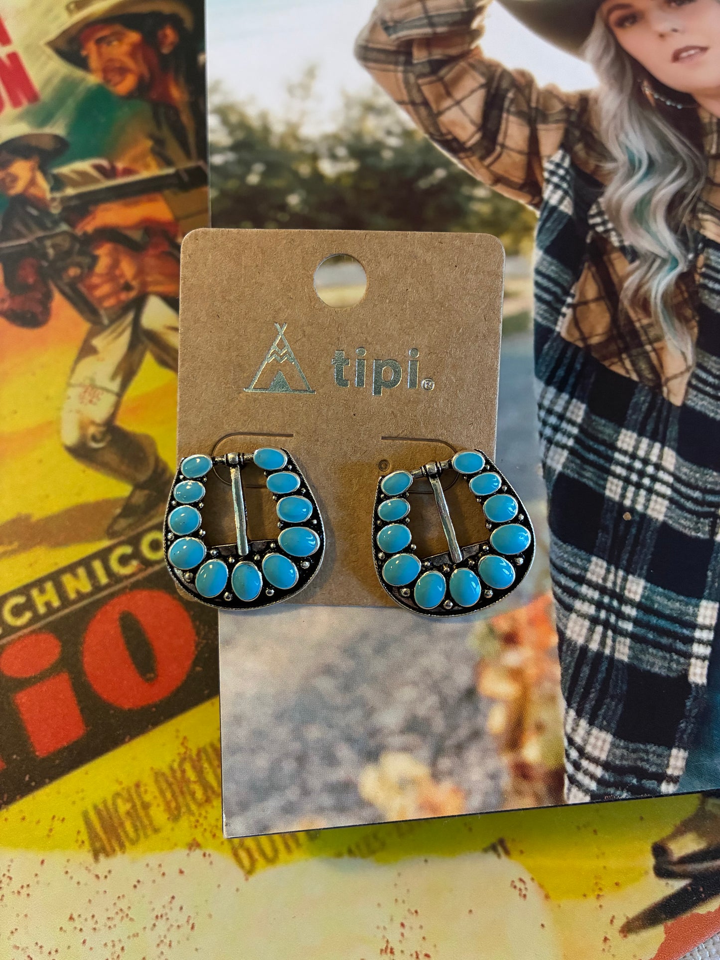 Western Small Belt Buckle Turquoise Post Earrings
