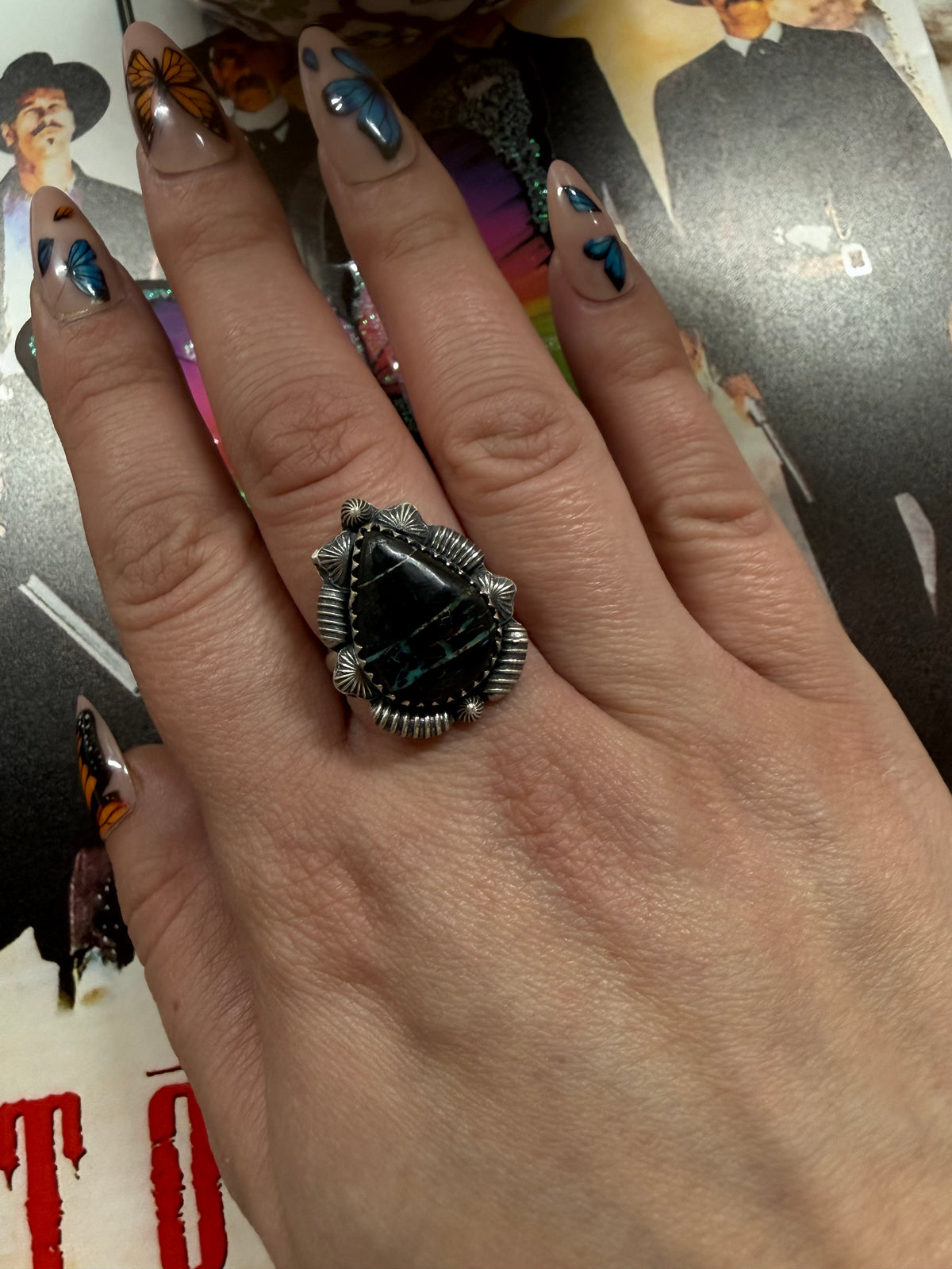 925 sterling silver black jack adjustable ring
