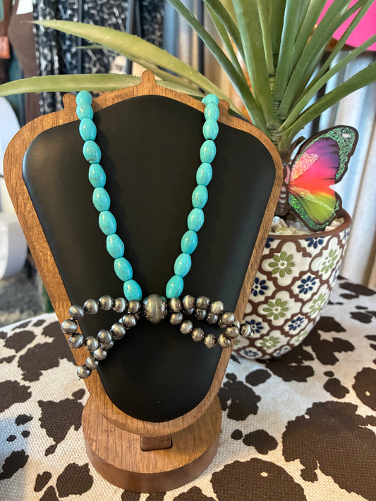 Western Turquoise Bead Ribbon Necklace