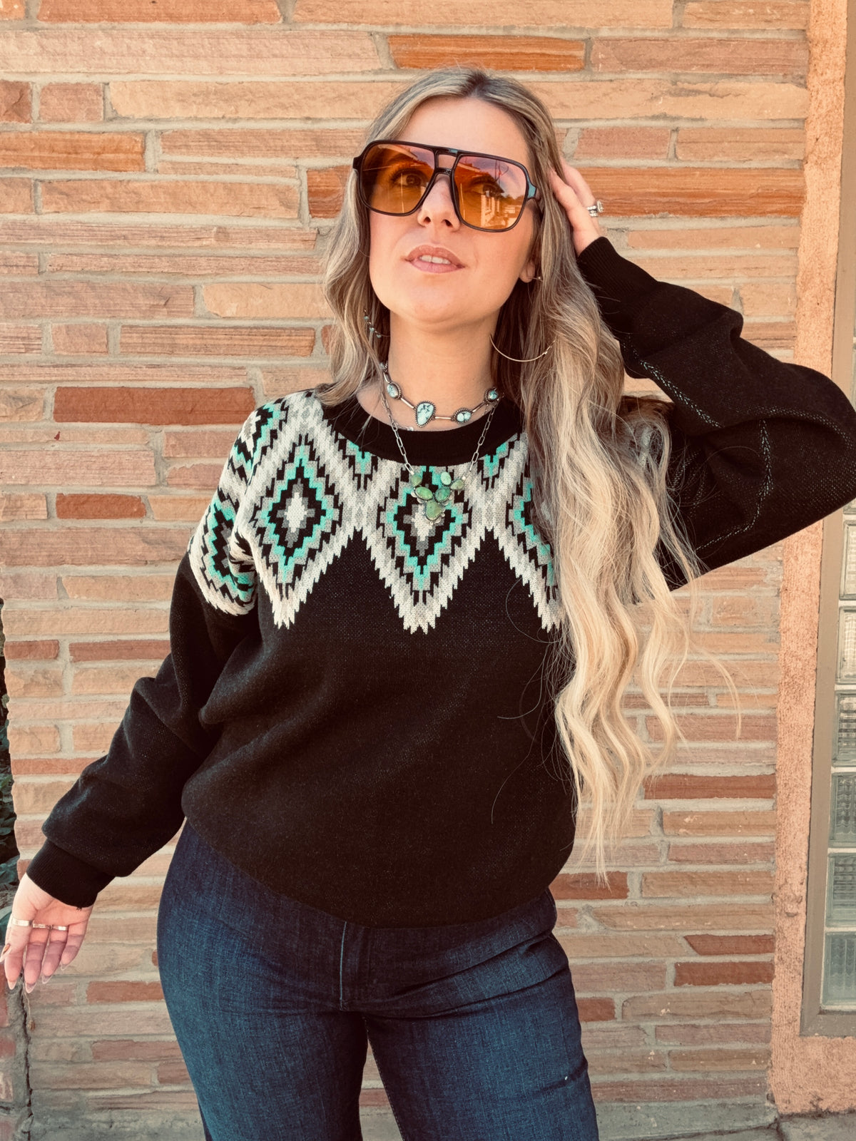 Midnight Diamond Sweater with black and turquoise