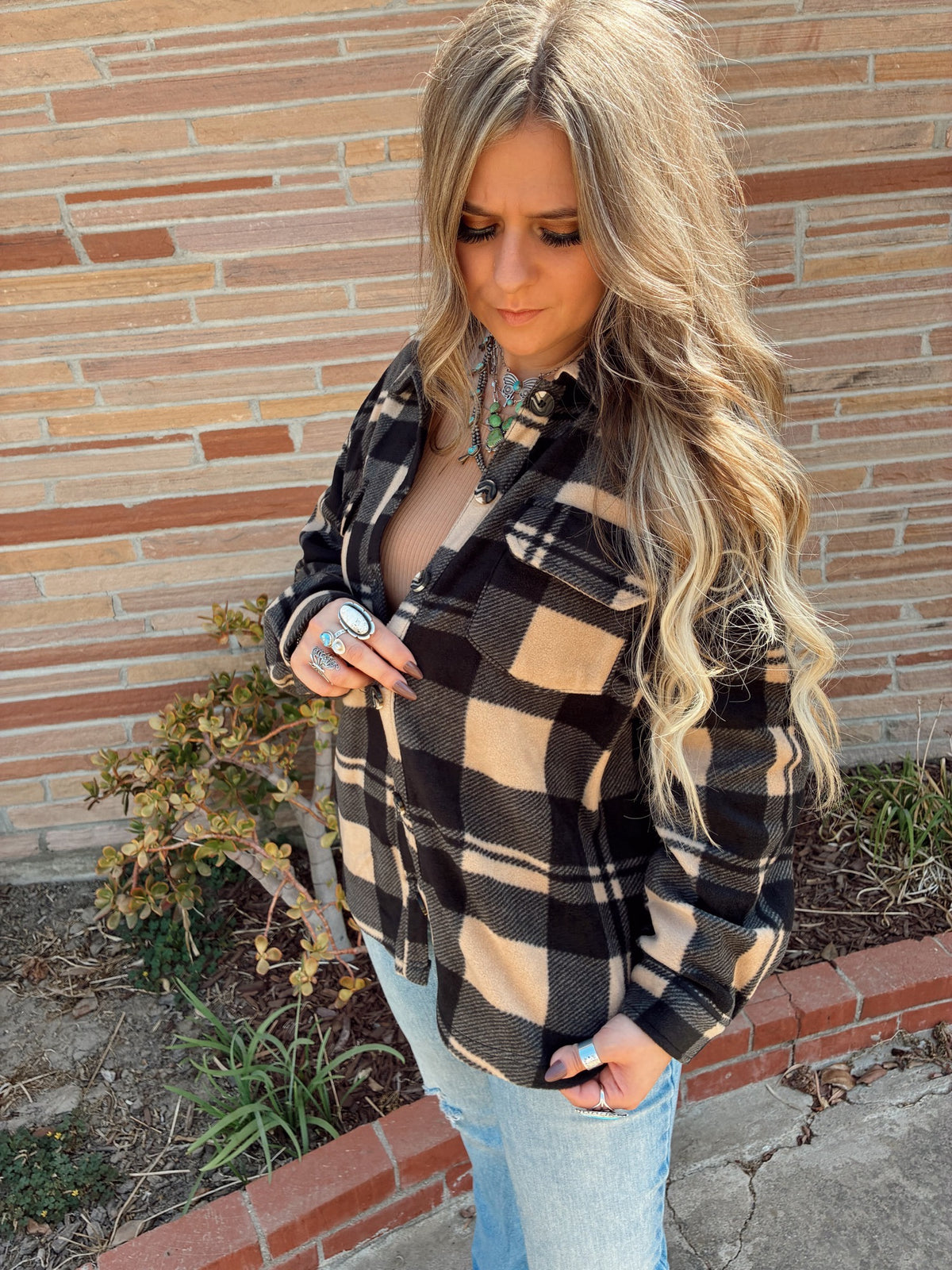 Taupe & Black Long Sleeve Check Printed Fleece Shacket