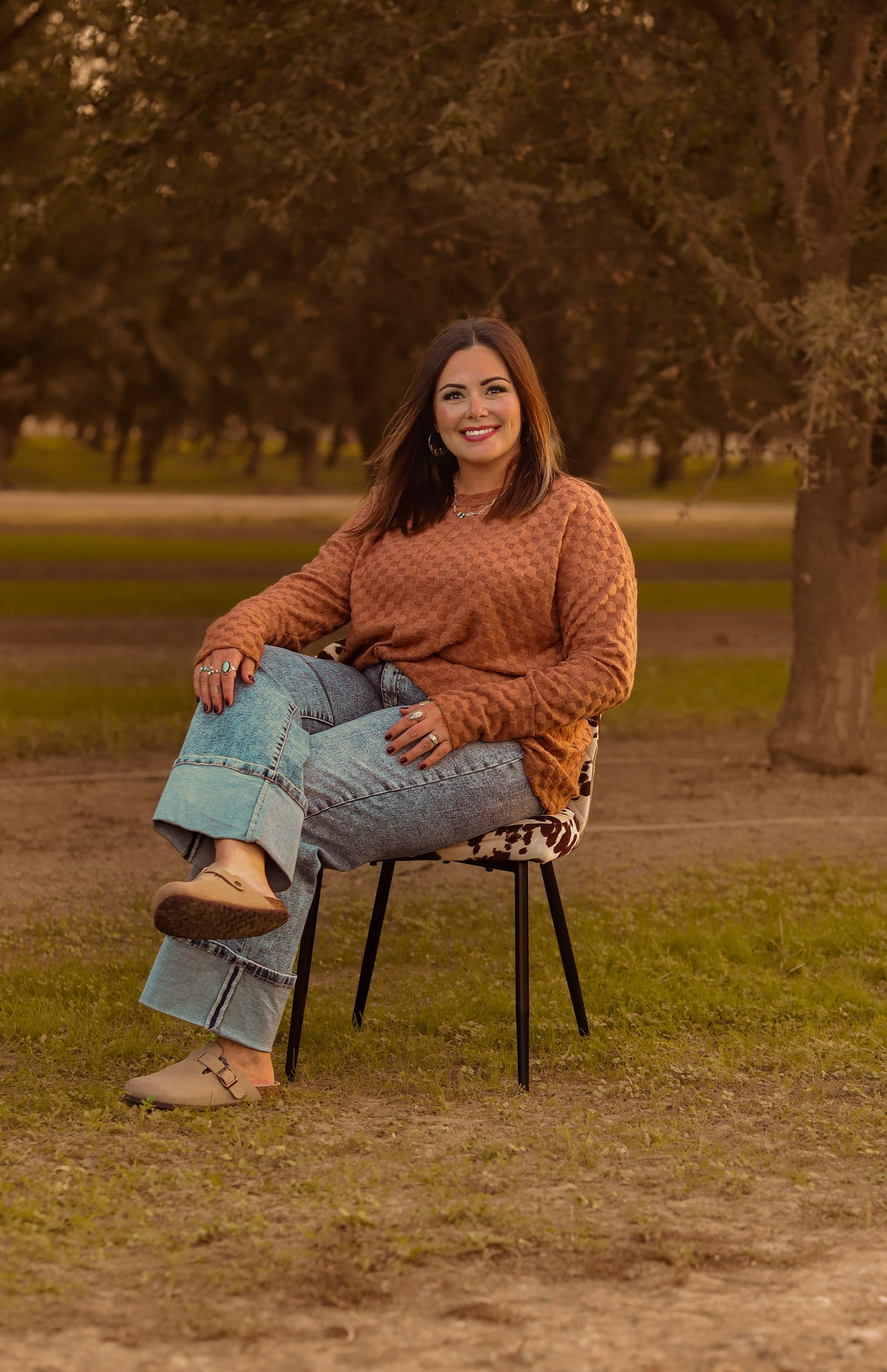 Soft Camel Checker Long Sleeve Top