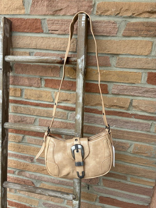 Western Buckle Accent Multi Panel Shoulder Bag - Cream