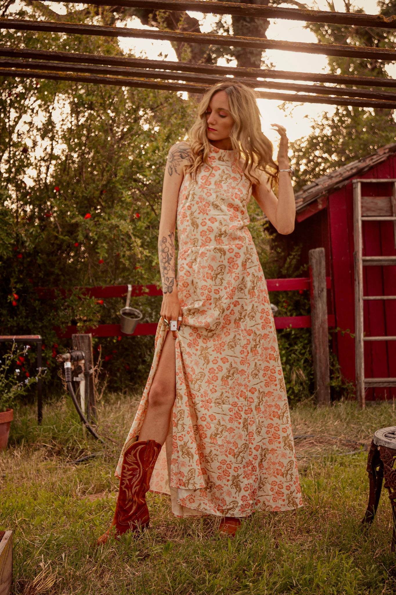 Floral Horse Printed Halter Neck Tie Dress