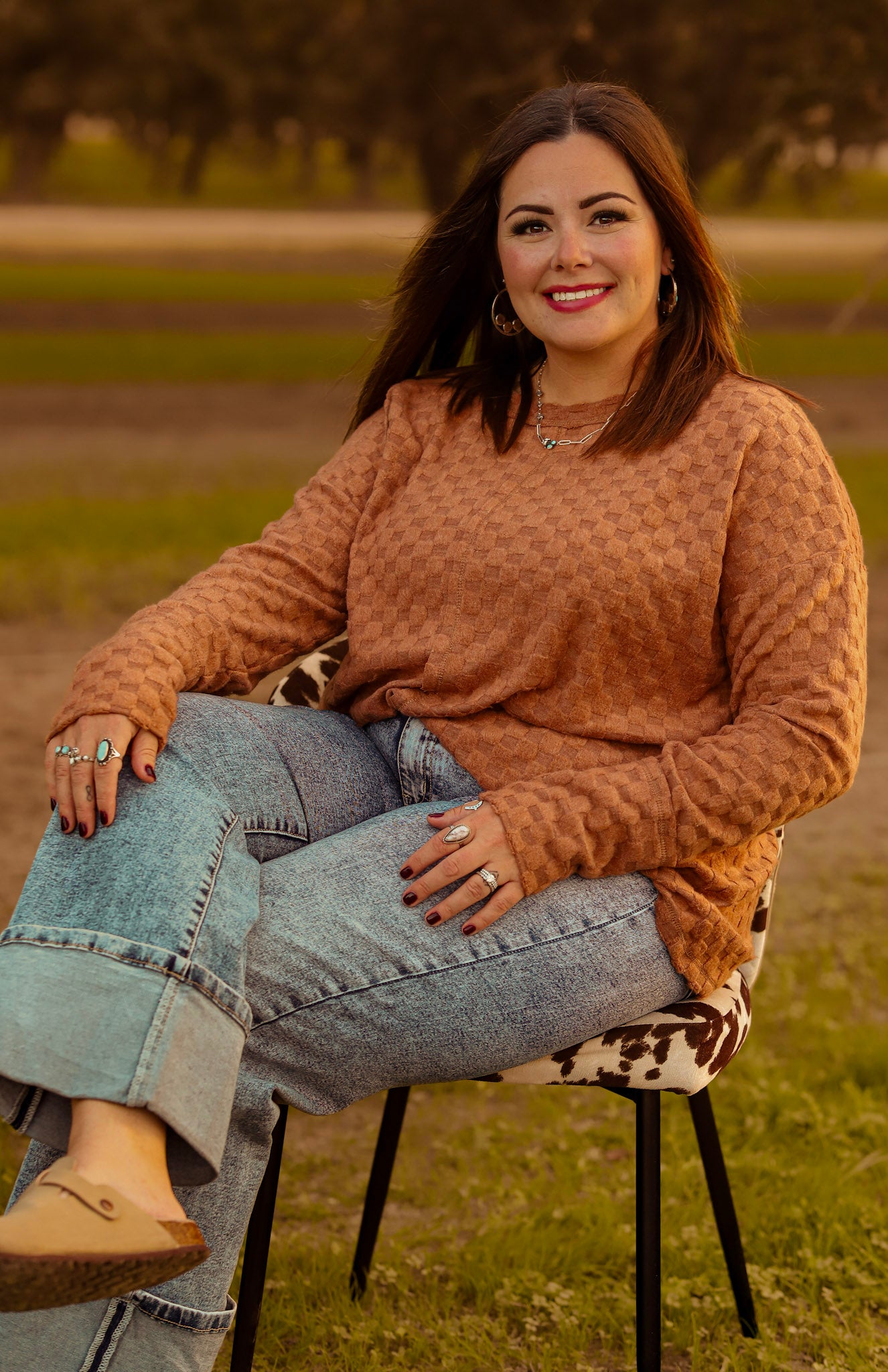 Soft Camel Checker Long Sleeve Top