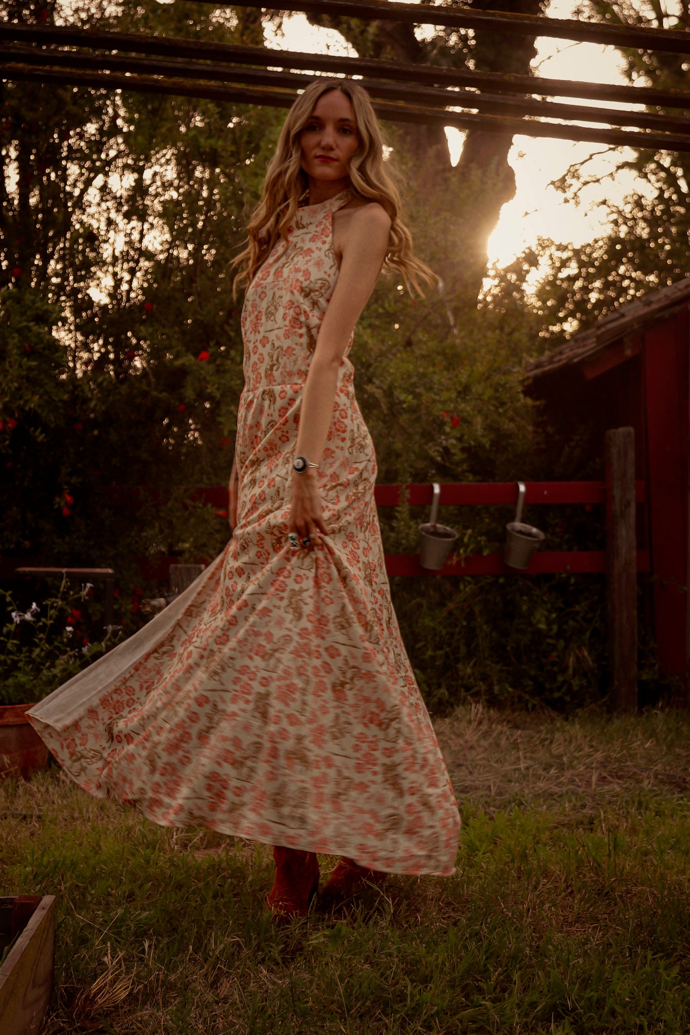 Floral Horse Printed Halter Neck Tie Dress