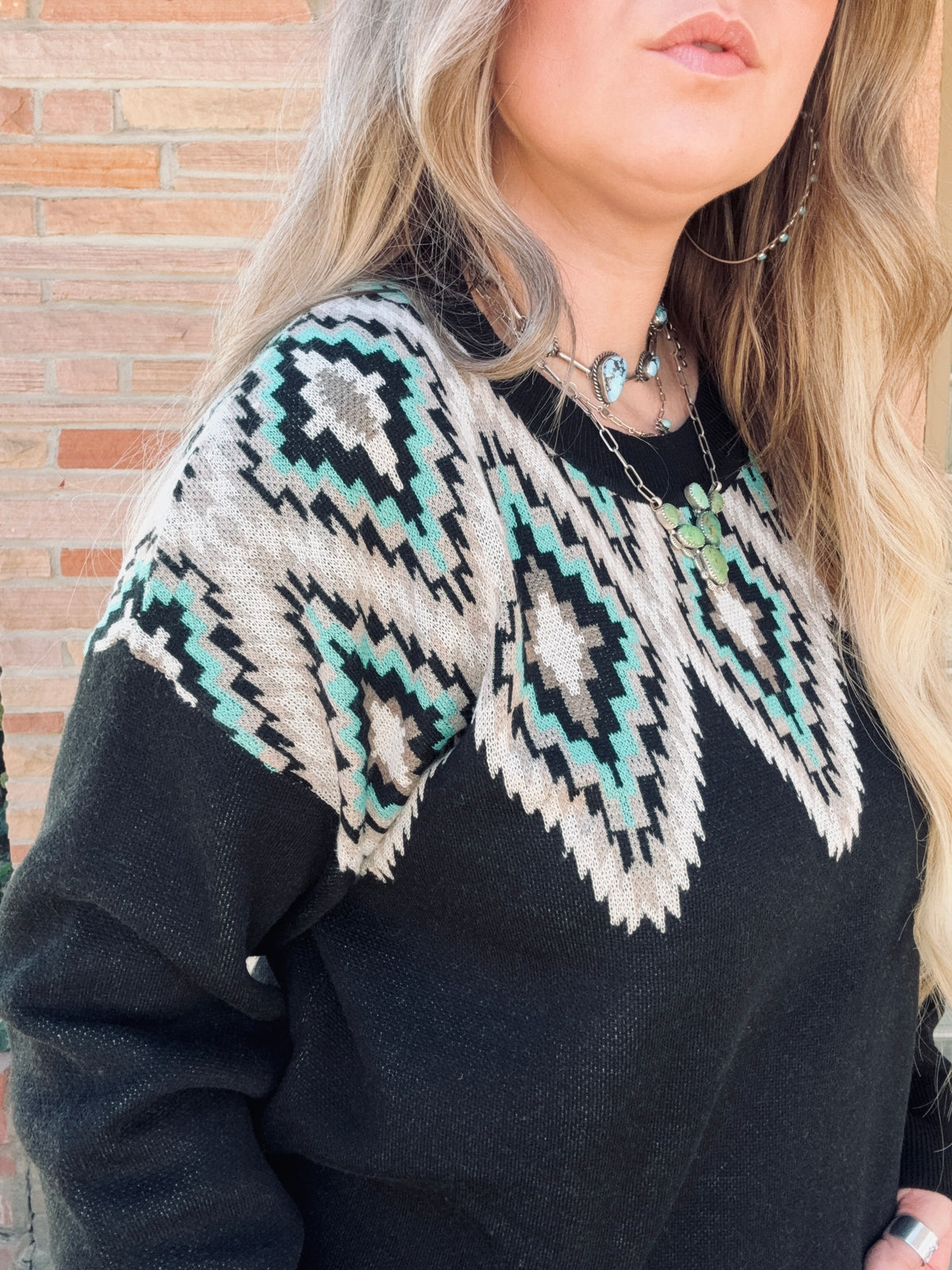 Midnight Diamond Sweater with black and turquoise