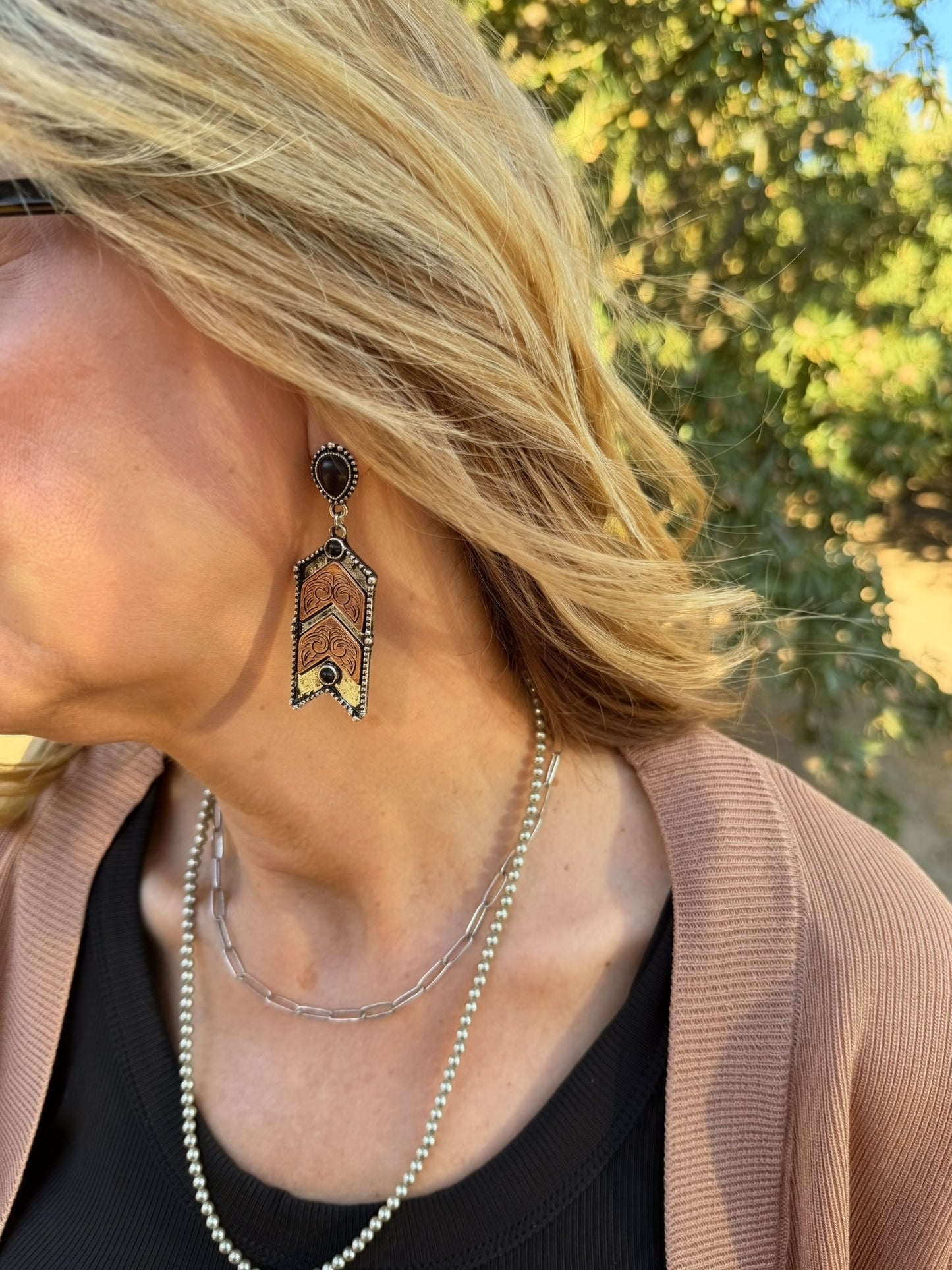 Chevron with Black Stone Dangle Earrings