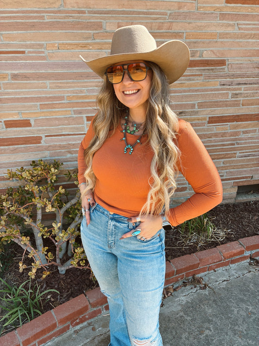 Apricot Orange Long Sleeve Crew Neck Rib Crop Knit Top