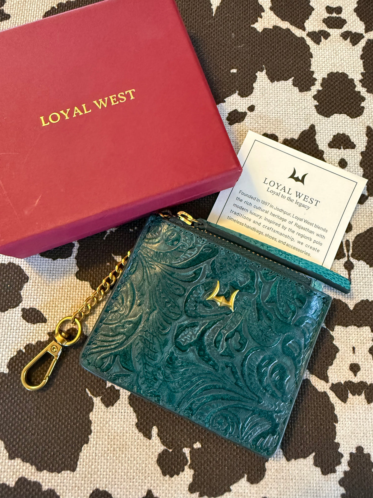 Turquoise Loyal West Sophia Credit Card Holder in Hand Finished Embossed Leather