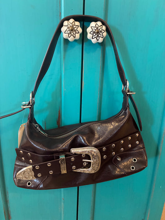 Studded Western Buckle Vegan Leather Shoulder Bag - Dark Brown