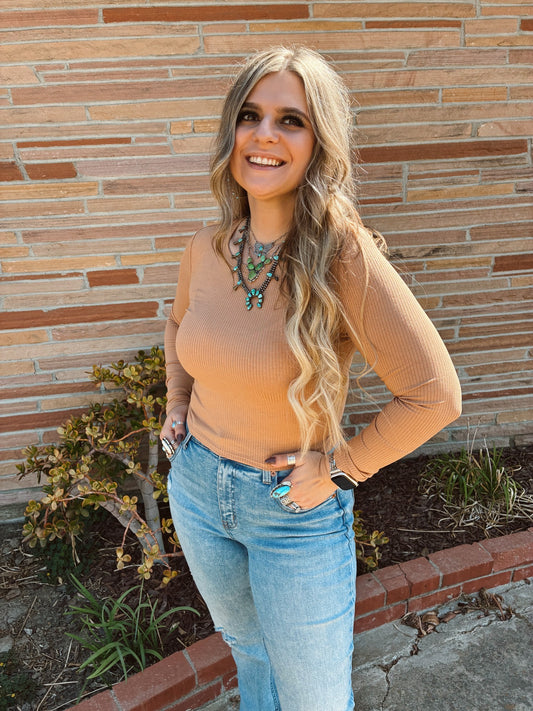 Tan Long Sleeve Crew Neck Rib Crop Knit Top