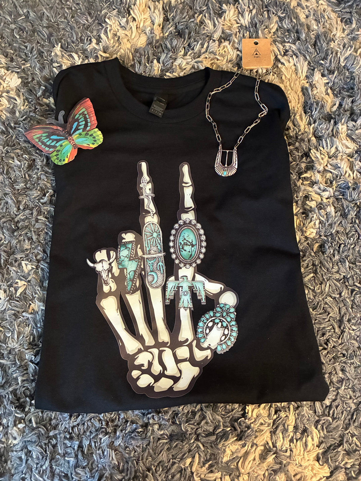 Black Skeleton,Western Cowgirl,Teal Concho Rings,Peace Sign Heavy